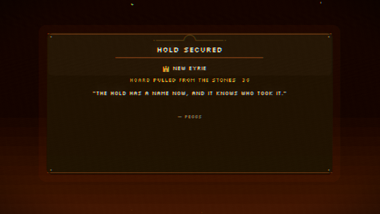 the hold-secured card. warm gold title on a parchment plaque, confetti drifting, a small fort glyph beside the node's name.