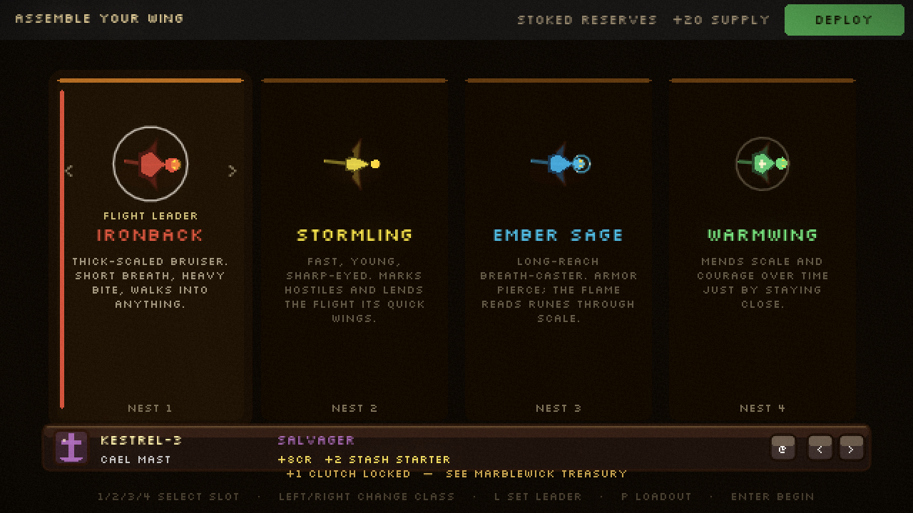 the dragon creation screen showing four class cards: ironback, stormling, ember sage, warmwing.