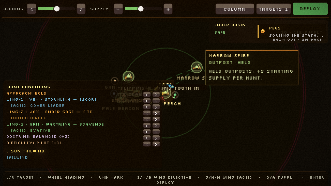 the world map at launch prep. territories held around the base node, dragons orbiting the roost, hunt conditions listed on the left.