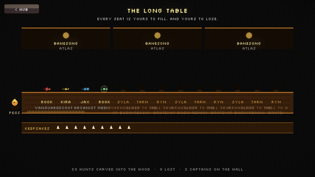 the long table hall. portraits of retired captains hang above a warm wooden plank. living dragons are seated with their names etched, empty chairs for the fallen, pegs at the head.