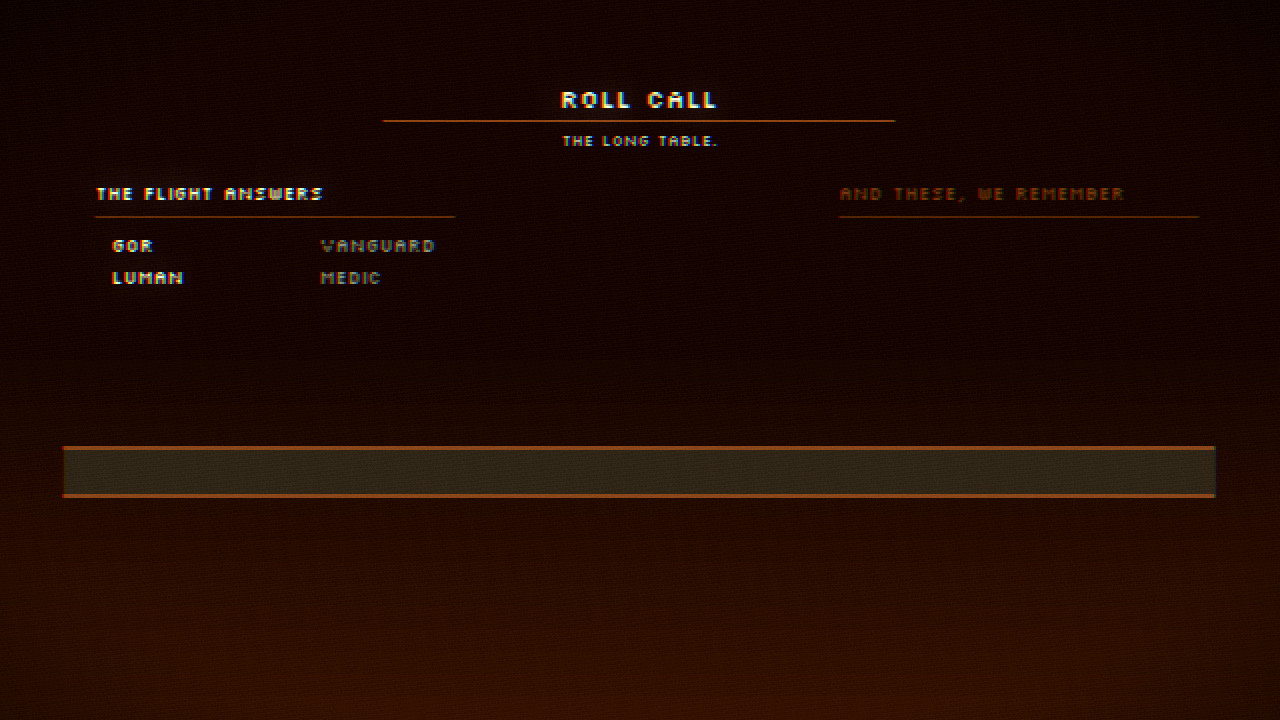 the roll call ceremony. the names of fallen dragons carved in gold across a darkened hall.