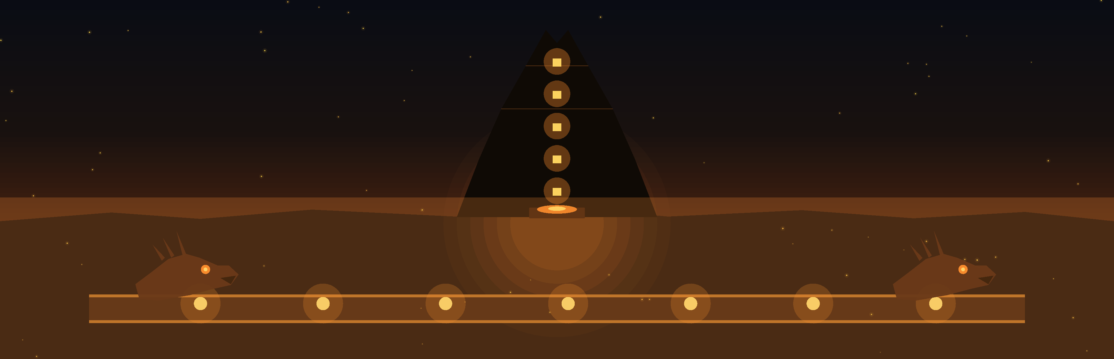 the marblewick spire at dusk. lantern slits glow down the tower, a hearth bowl burns at its base, and two dragon-head silhouettes flank the horizon.